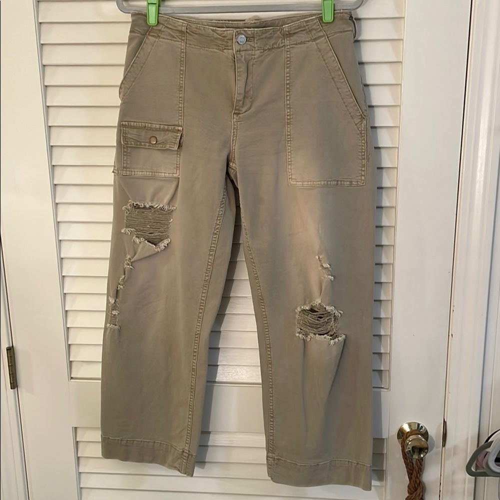 Pilcro and The Letterpress Tan Ankle Cropped Pants with Distressed Details